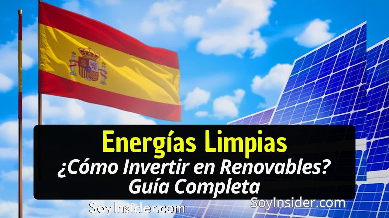 Imagen que muestra un panel solar en primer plano y una bandera de España ondeando al fondo bajo un cielo despejado, representando el compromiso con las energías limpias y renovables en el contexto español. Texto en un recuadro que dice: "Energías Limpias, ¿Cómo Invertir en Renovables Guía Completa". y el logo de Soyinsider.com