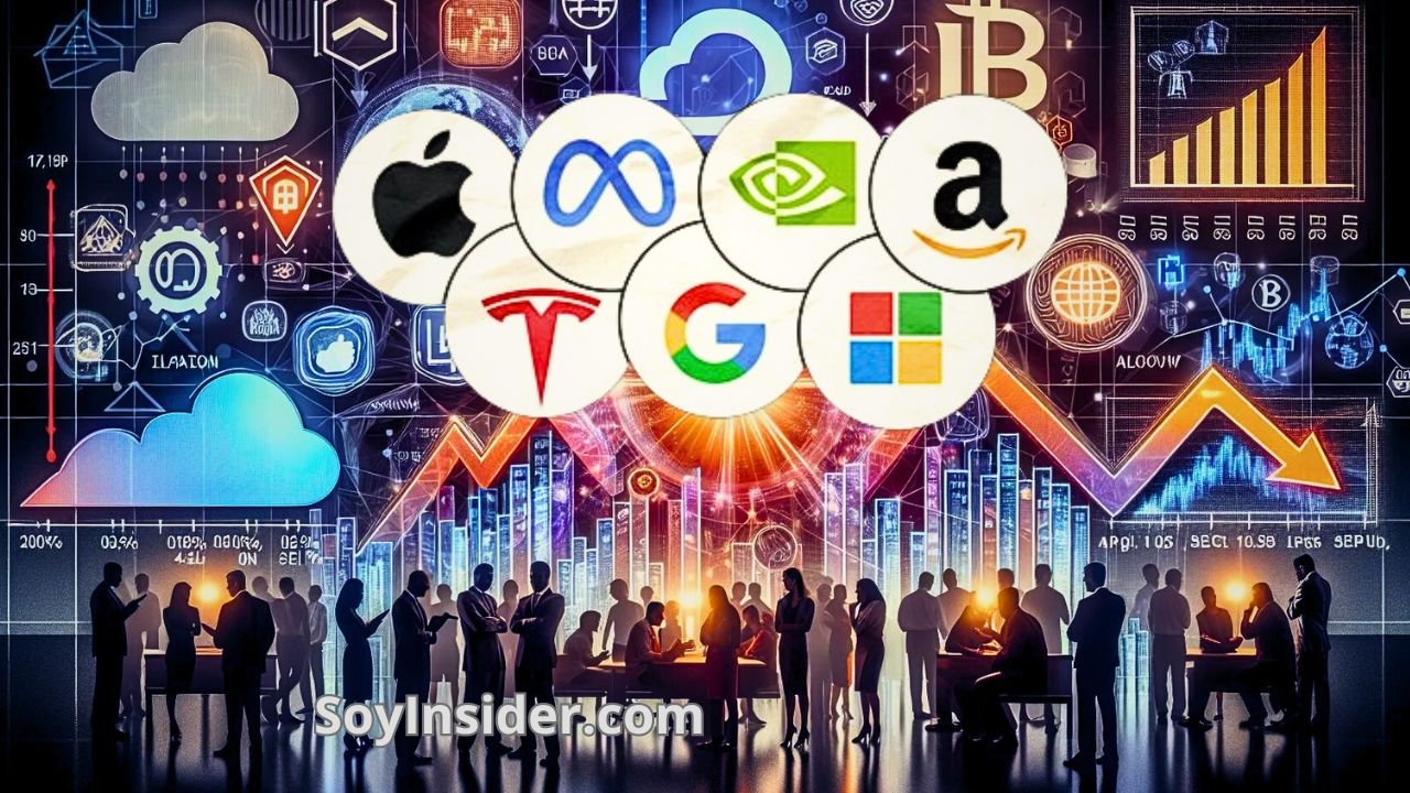 Las Mejores 7 empresas tecnológicas para invertir, imagen digital de inversionistas y logos holográficos de empresas tecnológicas