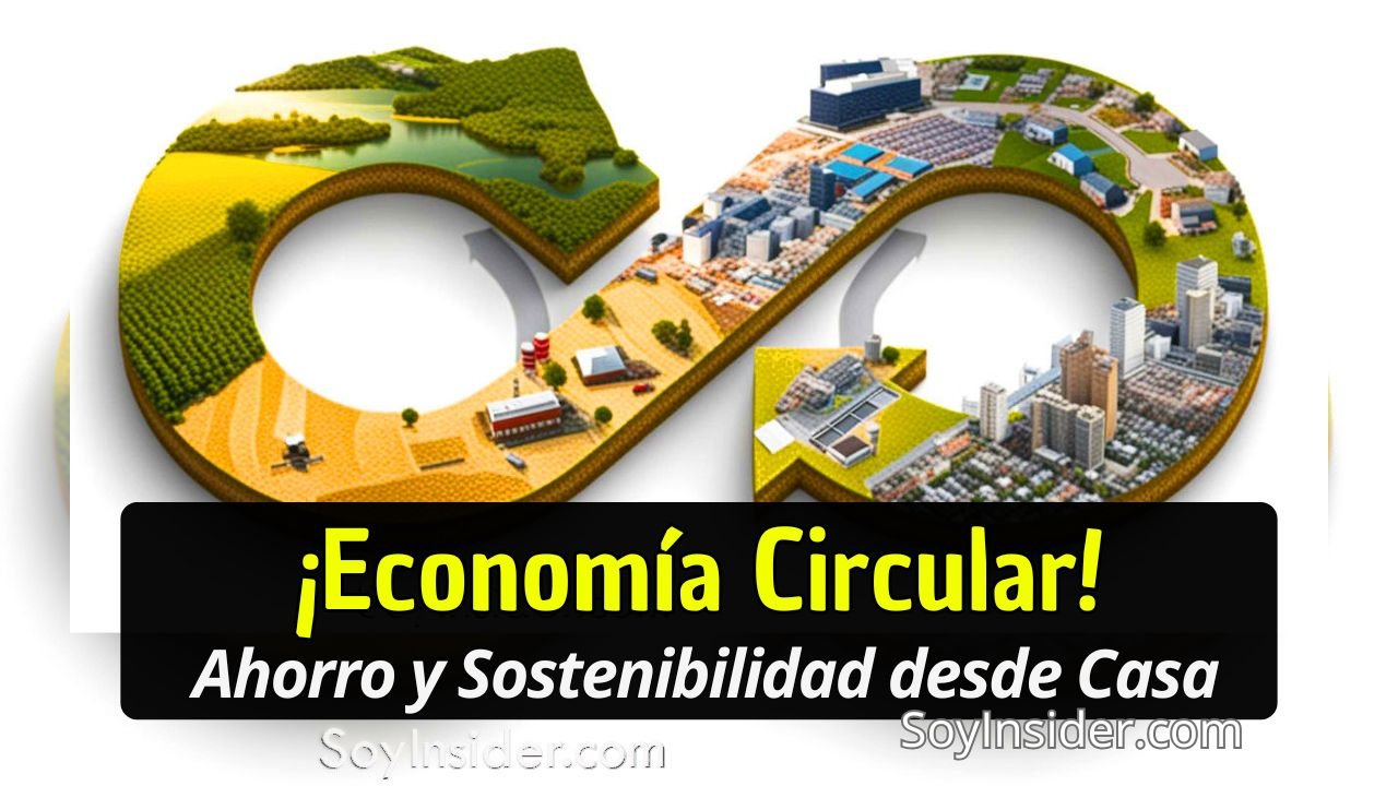 Una ilustración representando el concepto de economía circular con un símbolo de infinito compuesto por paisajes agrícolas y urbanos, simbolizando la integración sostenible entre el campo y la ciudad. En el recuadro de la imagen se lee: "¡Economía Circular! Ahorro y Sostenibilidad desde Casa". Y el logo de SoyInsider.com en la esquina inferior derecha.