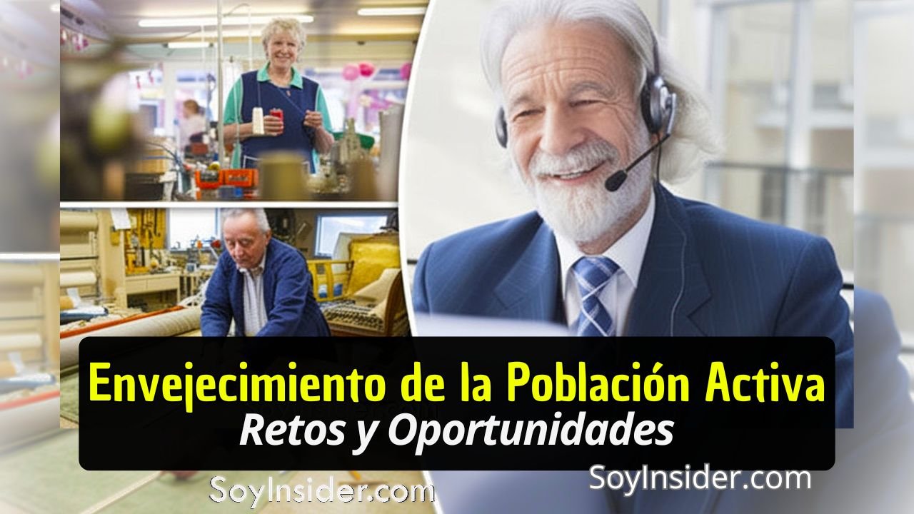 Collage que muestra a personas mayores trabajando en diferentes entornos, incluyendo una mujer en una fábrica, un hombre en un taller y otro en un entorno de oficina usando auriculares. La imagen simboliza la participación activa de personas mayores en el mercado laboral, destacando tanto sus desafíos como oportunidades. En el recuadro inferior se lee el texto: "Envejecimiento de la Población Activa Retos y Oportunidades". y el logo de Soyinsider.com