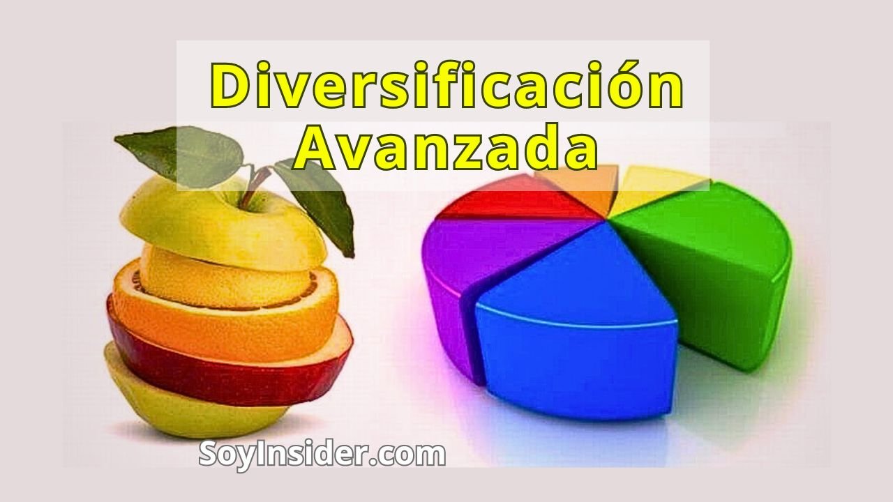 Diversificación de Inversiones Estrategias Avanzadas, una torta estadística de varios colores, rodajas de frutas una arriba de otra simbolizando la diversificación. y el texto "soyinsider.com"