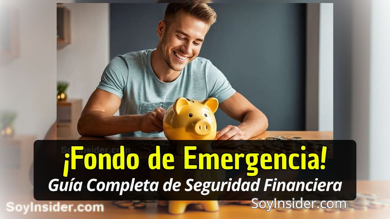 Un chico llenado hucha como fondo de emergencia, resaltando el texto: ¡fondo de Emergencia! Guía completa de seguridad Financiera". Y el logo de SoyInsider.com en la esquina inferior derecha.