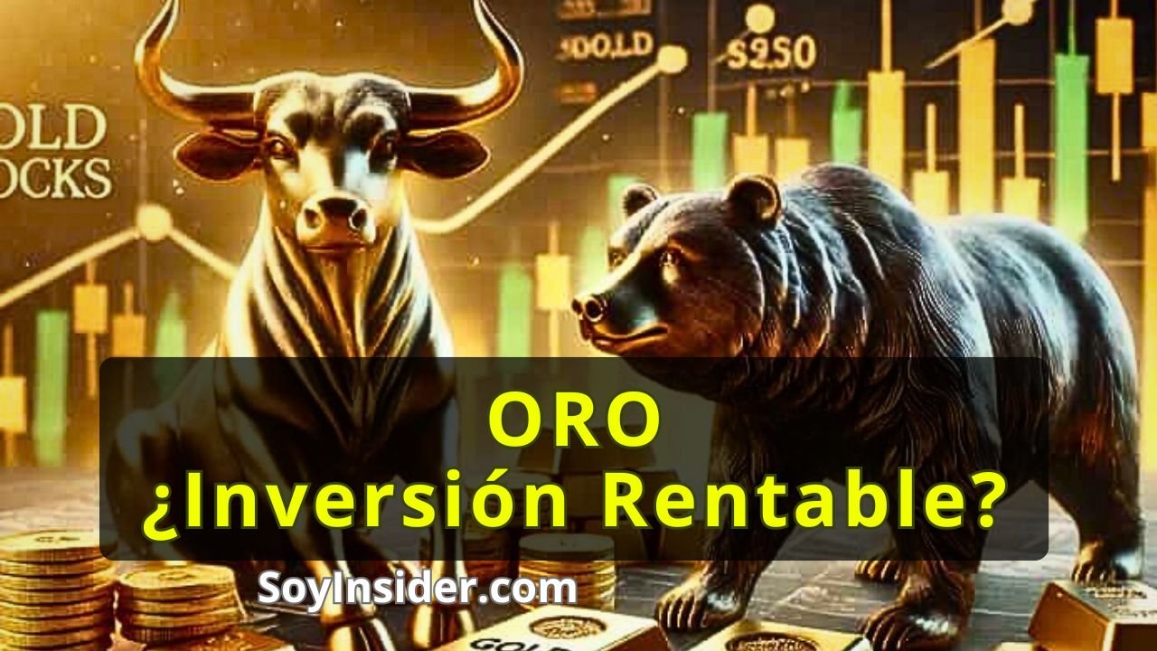 Imagen de dos estatuillas de oro, de un toro y un oso, representando el mercado financiero, con barras de gráficos y monedas de oro al fondo. El texto en la imagen dice: "ORO ¿Inversión Rentable?" y "SoyInsider.com" en la parte inferior.