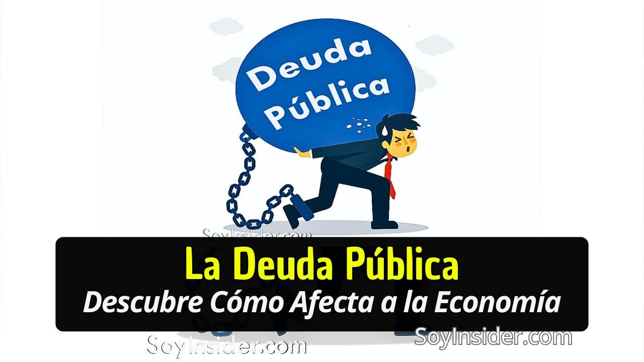 Ilustración de un hombre con expresión de esfuerzo, cargando una pesada bola azul que tiene escrito "Deuda Pública". La bola está atada a su pie mediante una cadena, simbolizando la carga financiera y económica que representa la deuda pública para un país. Texto en un recuadro que dice: "La Deuda Pública. Descubre Cómo Afecta a la Economía". y el logo de Soyinsider.com