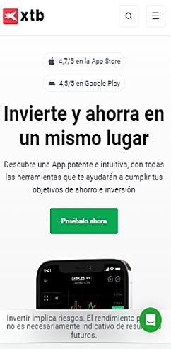 Los mejores Broker, imagen de captura de pantalla del broker XTB en dispositivos móviles