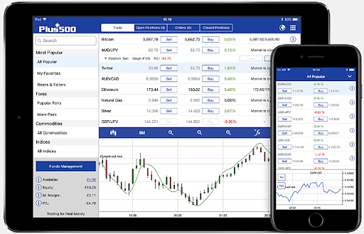 Los mejores Broker, imagen de captura de pantalla del broker Plus500 en dispositivos móviles