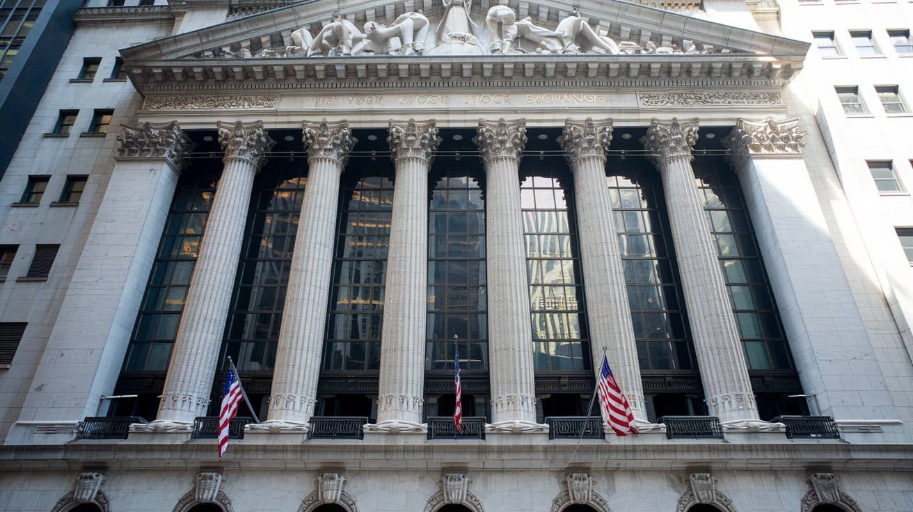 Entrada principal de la bolsa de Nueva York en Wall Street