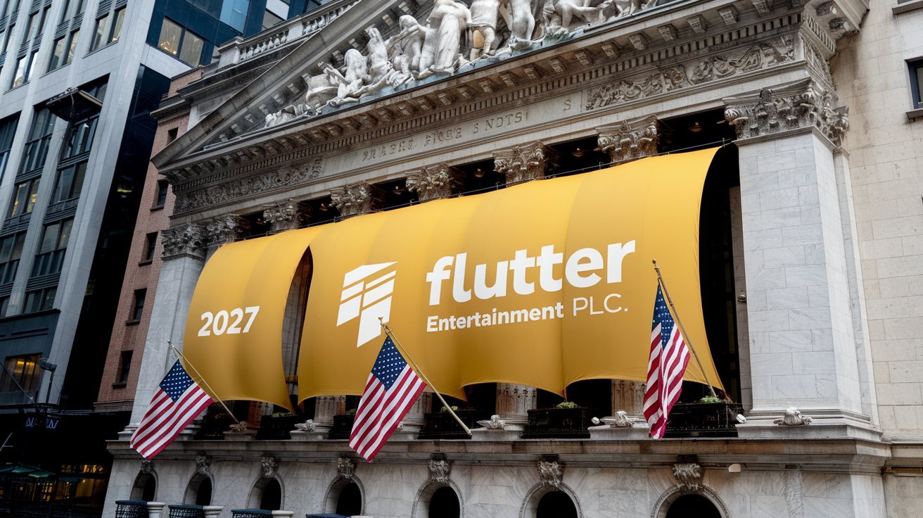 Imagen de una lona publicitaria con el logo de la compañía en la entrada de Wall Street, donde sus acciones despegaron tras el anuncio de previsión de beneficios para 2027
