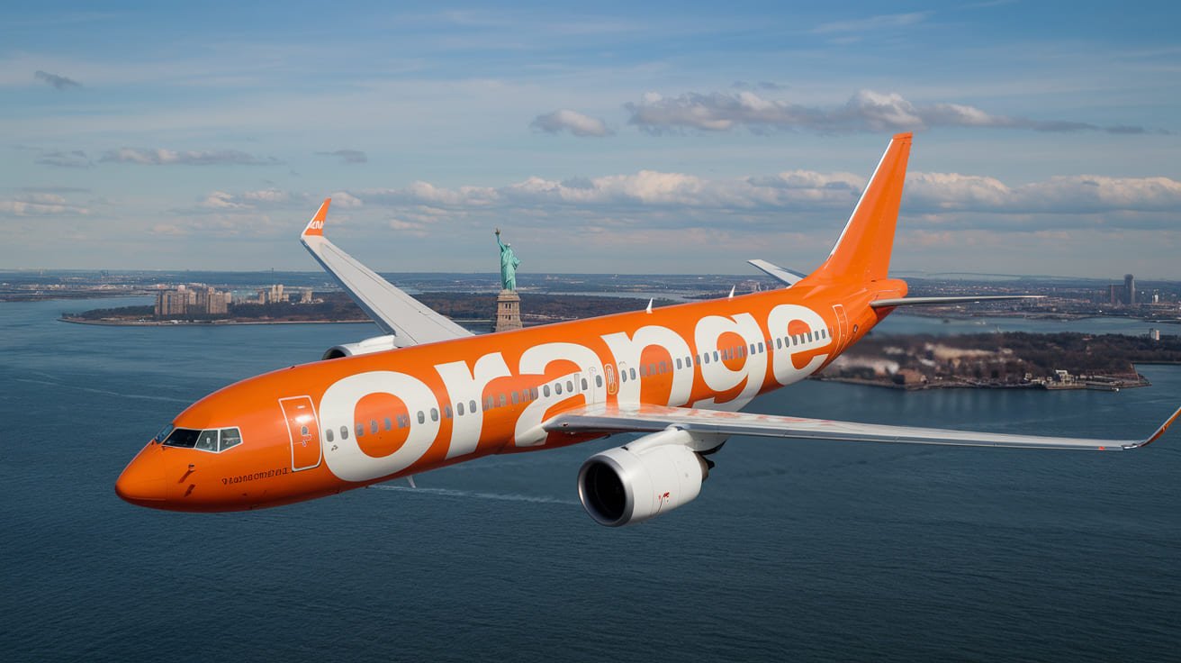 Imagen de un avión con los colores y logotipo de orange sobrevolando la estatua de la libertad tras anunciar su retirada de la bolsa de Nueva York