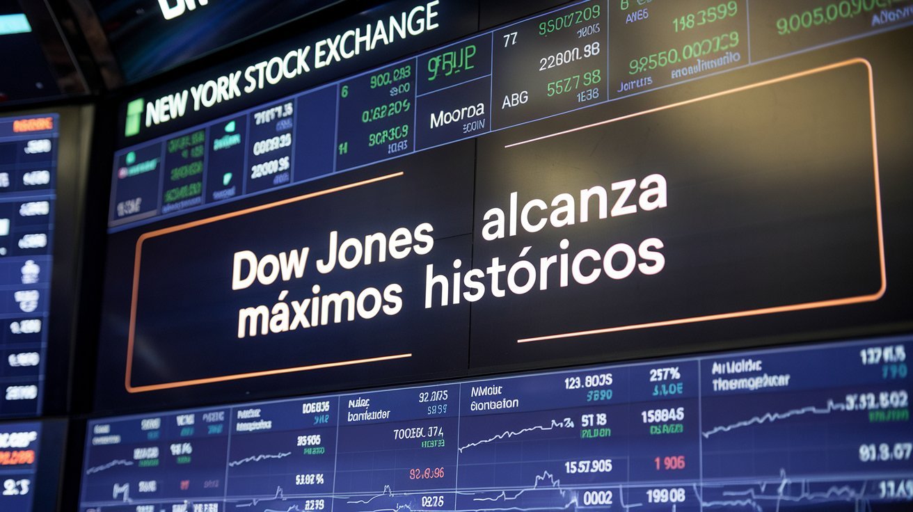 En las pantallas de la bolsa de Nueva York se anuncia el récord histórico del índice Dow Jones