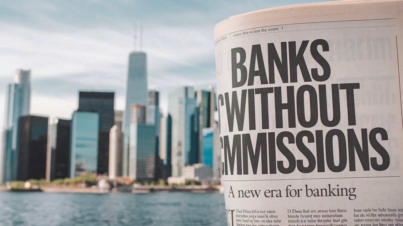 Imagen de una gran ciudad combinada con un titular de periódico en el que se habla de bancos sin comisiones