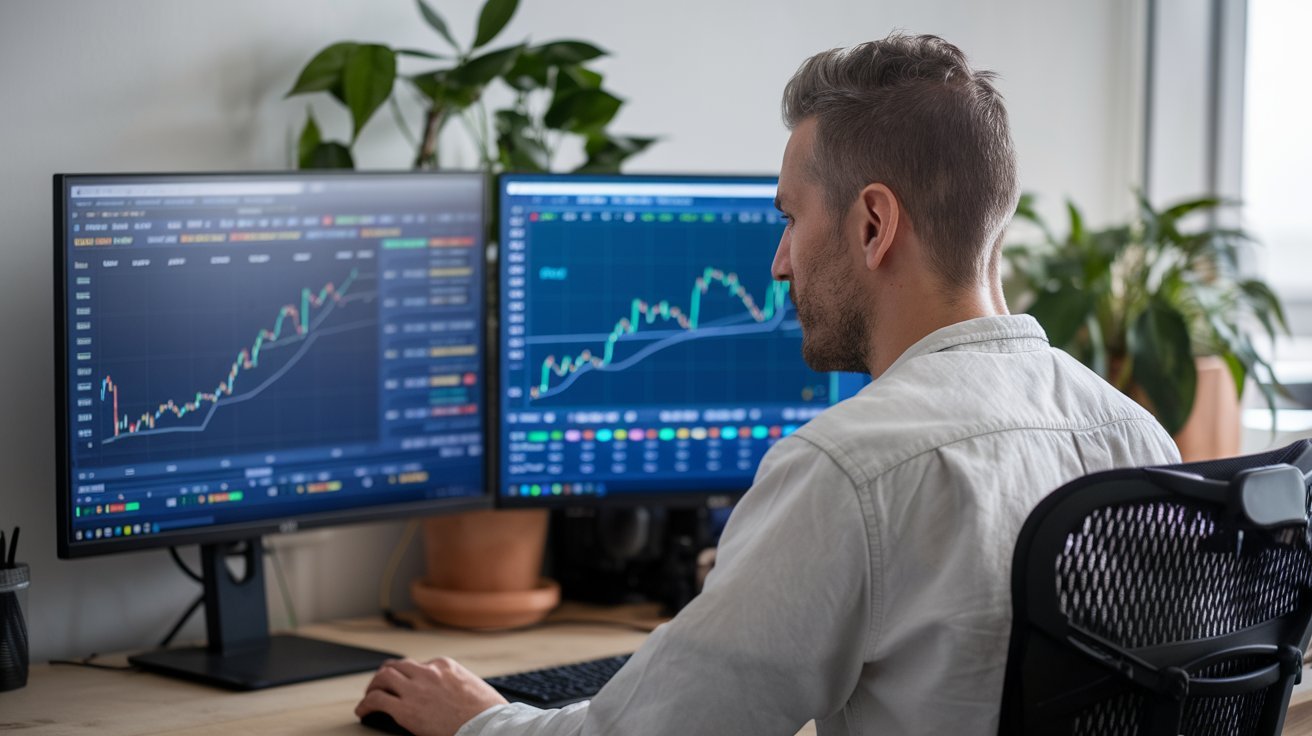 Un inversor está realizando operaciones en el mercado de divisas Forex desde un despacho en su casa