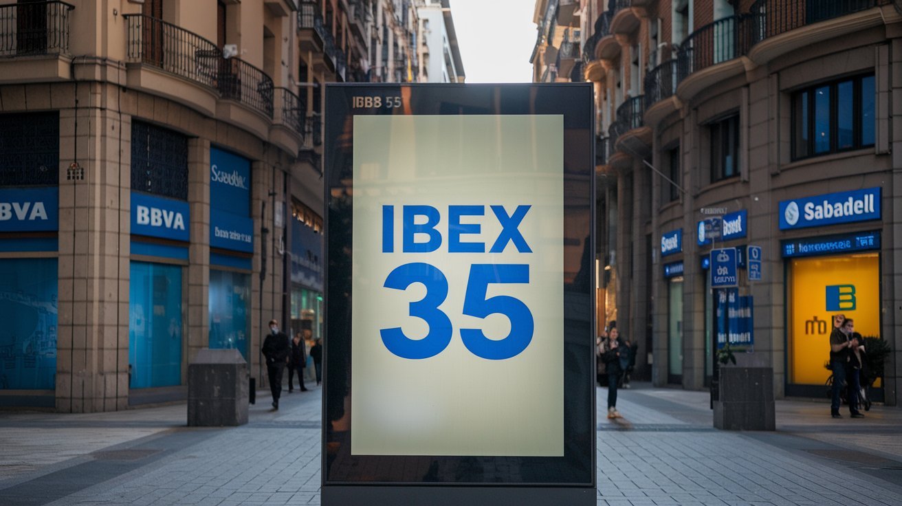 La banca al rescate del IBEX 35. Una calle de Madrid con una pantalla luminosa del IBEX 35 y entidades bancarias del BBVA y Banco Sabadell al fondo