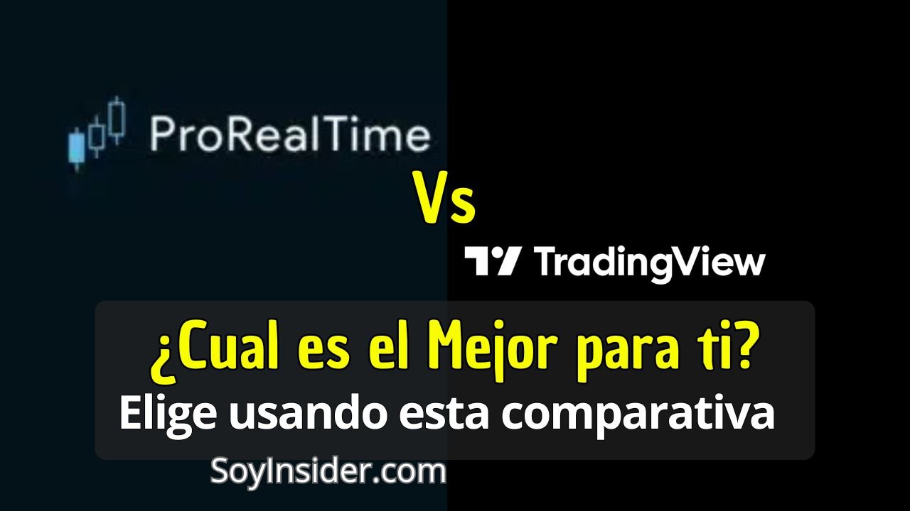Comisiones ProRealTime vs TradingView sus ventajas y desventajas (comparativa). en la imagen los logos de ProRealtime vs TradingView enfrentándose uno contra el otro y debajo la frase que dice ¿Cuál es el mejor para ti? elige usando esta comparativa