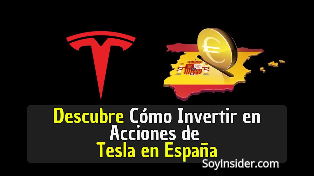 Logo de Tesla frente al mapa de España con una moneda arriba, debajo una frase que dice: descubre cómo invertir en acciones de Tesla en España