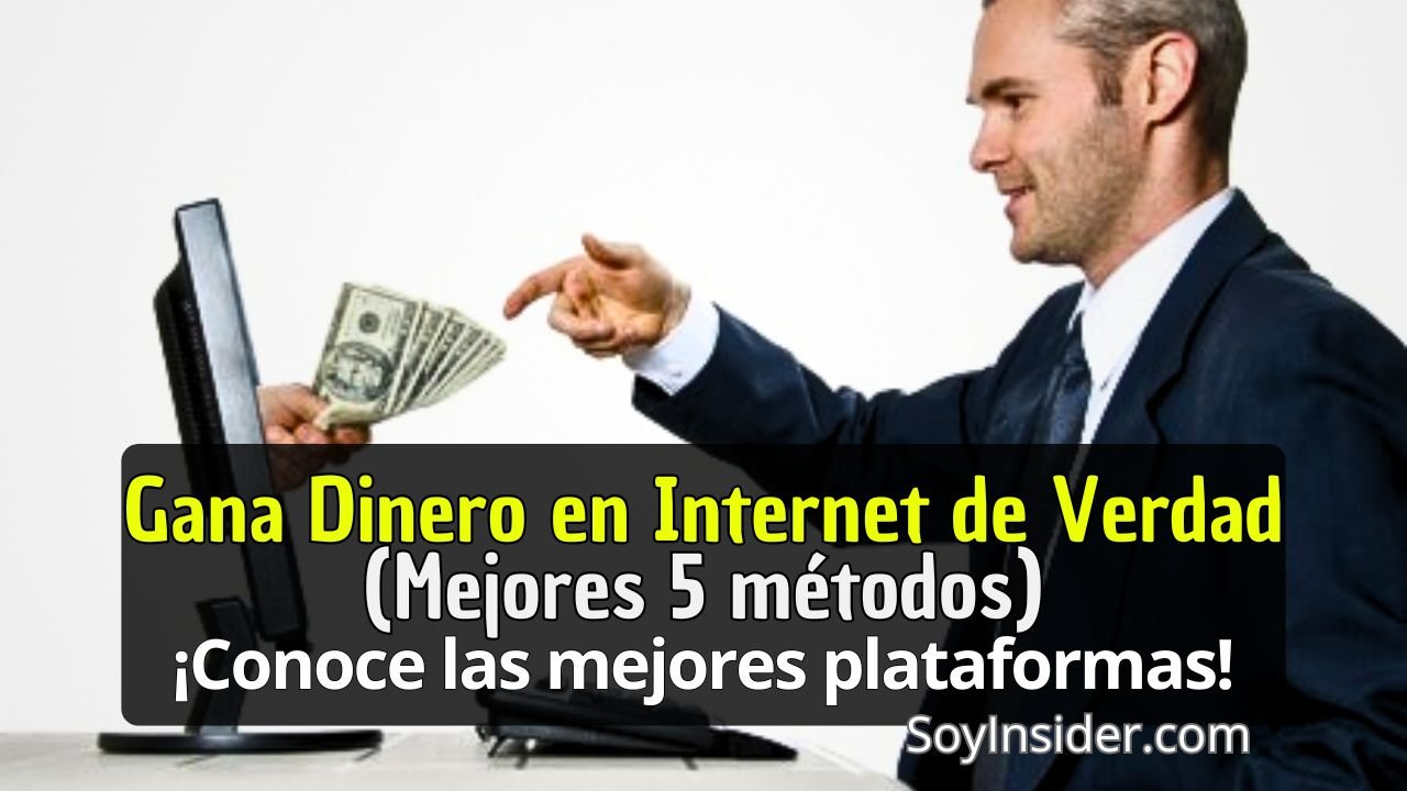 Hombre recibiendo dinero a través de una pantalla de computadora, representando la idea de ganar dinero en internet. Texto sobre la imagen: 'Gana Dinero en Internet de Verdad (Mejores 5 métodos) ¡Conoce las mejores plataformas!