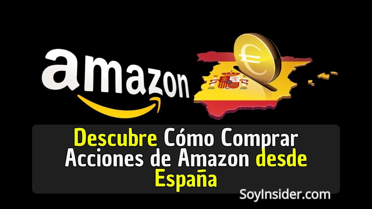 Logo de Amazon frente al mapa de España con una moneda arriba, con una frase debajo que dice; descubre cómo comprar acciones de Amazon desde España