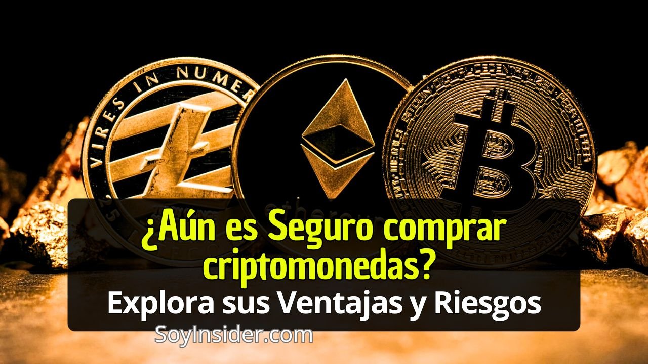 ¿Es Seguro Invertir En Criptomonedas descubre la verdad (riesgos, opiniones y más). en la imagen, figuras de criptomenedas de oro, con una frase que dice ¿aún es seguro comprar criptomonedas? explora sus ventajas y desventajas