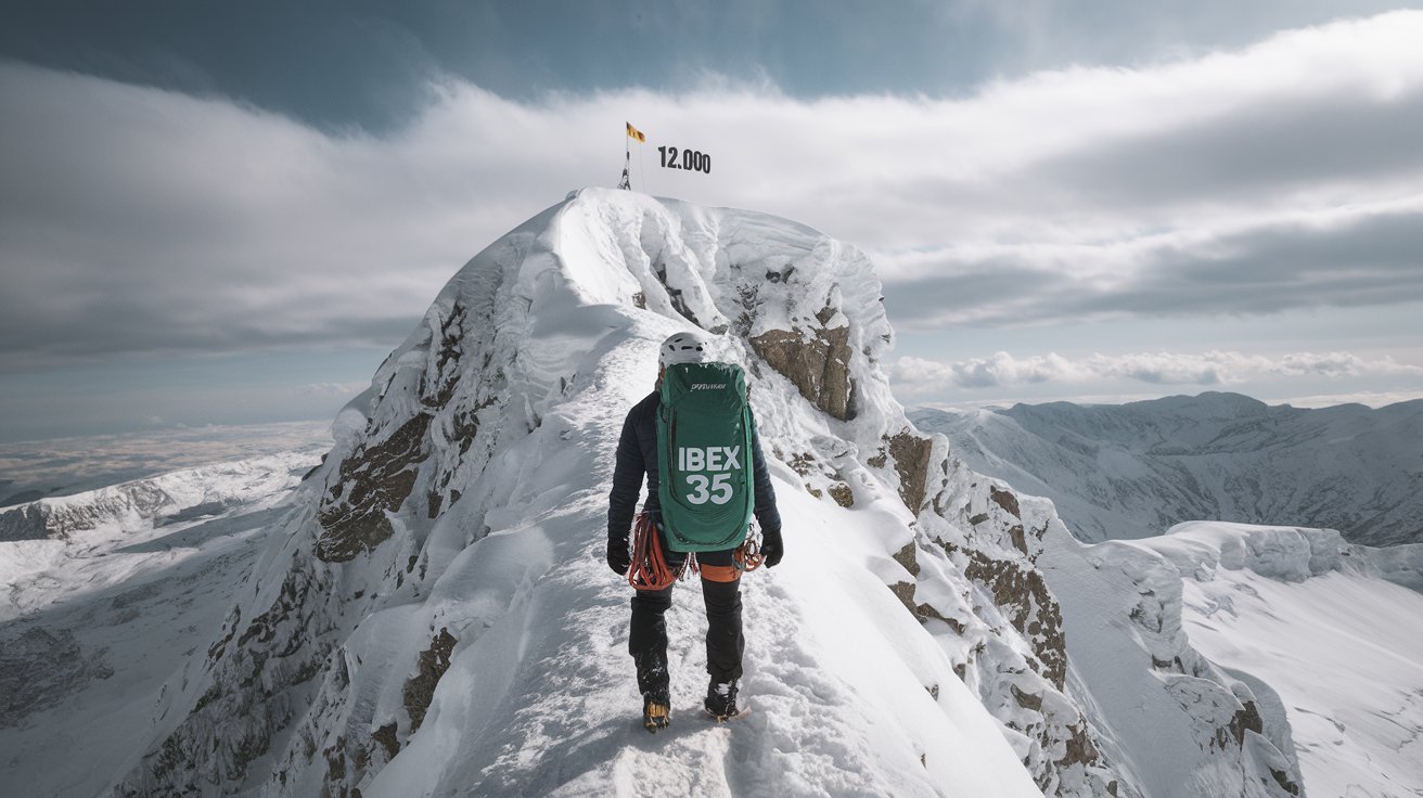 El Ibex 35 roza los 12.000 puntos. En la imagen se representa como un alpinista con una mochila del IBEX escalando una montaña nevada. En la cima se ve una bandera con la cifra "12.000"