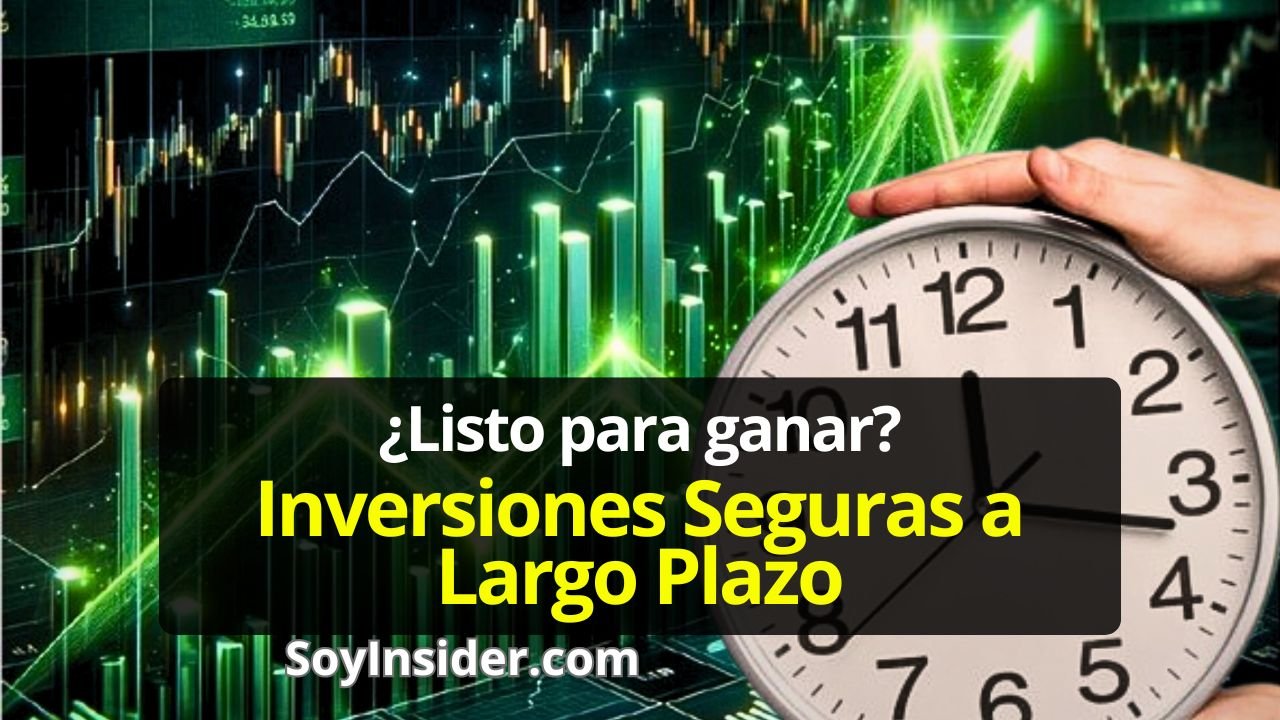 Inversión Segura a Largo Plazo Una Oportunidad de Inversión que debes Conocer. Imagen de fondo un grafico de la bolsa de valores y en frente unas manos mostrando un reloj simbolizando las inversiones seguras a largo plazo