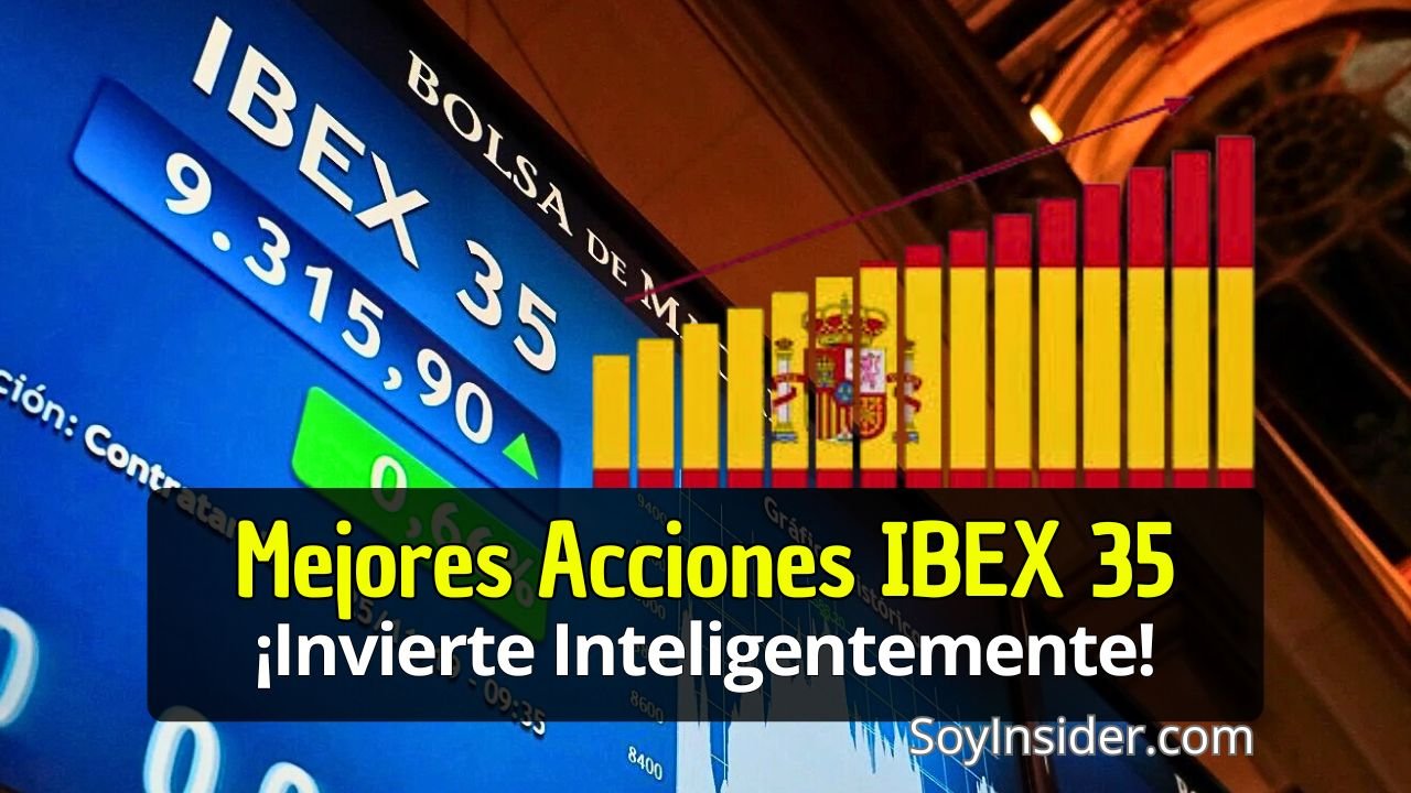 Las 5 Mejores Acciones IBEX 35 a Largo Plazo. en la imagen una pantalla reflejando el crecimiento del IBEX 35 junto aun bandera de España formada por barras crecientes, y una frase que dice: mejores acciones Ibex 35, ¡invierte inteligentemente!