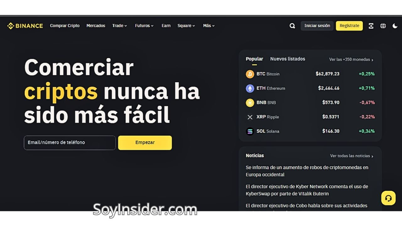 Las 5 Mejores Plataformas para comprar Criptomonedas Las más seguras y confiables para principiantes y expertos (Binance). en la imagen una captura de pantalla de la plataforma Binance de compra y venta de criptomonedas