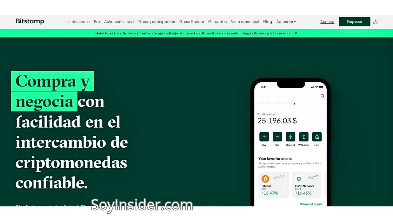 compra y venta de Criptomonedas para principiantes y expertos (Bitstamp), en la imagen la captura de pantalla del broker Bitstamp, plataforma de compra y venta de criptomonedas