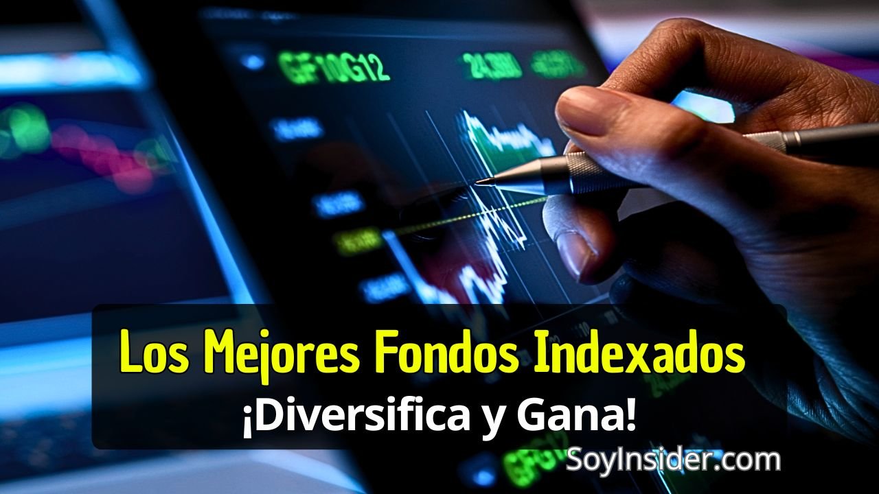 Los 5 Mejores Fondos Indexados 2024 ¿Cuáles Son los Más Rentables. en la imagen, un Inversionista analizando los gráficos de los fondos, y en el frente de la imagen la frase que dice los mejores fondos indexados ¡diversifica y gana!