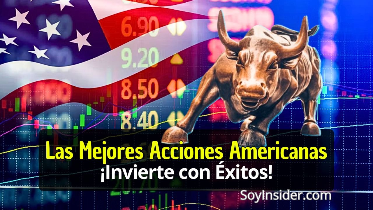 Mejores Acciones Americanas (acciones EE. UU. 2024). en la imagen datos de acciones con la bandera ondeando de los estados Unidos al lado de un Toro corriendo. con una frase que dice: las mejores acciones Americanas, ¡Invierte con éxitos!
