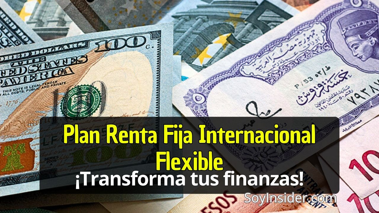 Plan Renta Fija Internacional, en la imagen muchos billetes de diferentes nacionalidades, y una frase en frente que dice: plan renta fija internacional flexible, transforma tus finanzas