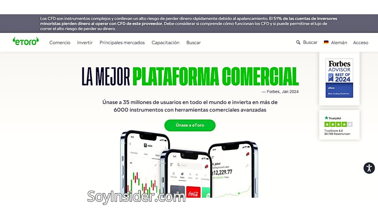 Las Comisiones de Comprarventa de Acciones: Los 5 principarles brokers del mercado (comparativa), en la imagen captura de pantalla de la plataforma eToro