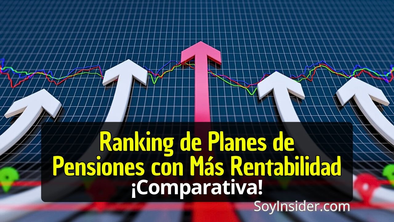 una frase que dice ranking de planes de pensiones con más rentabilidad ¡comparativa! y en el fondo flechas de varios colores compitiendo y apuntando verticalmente