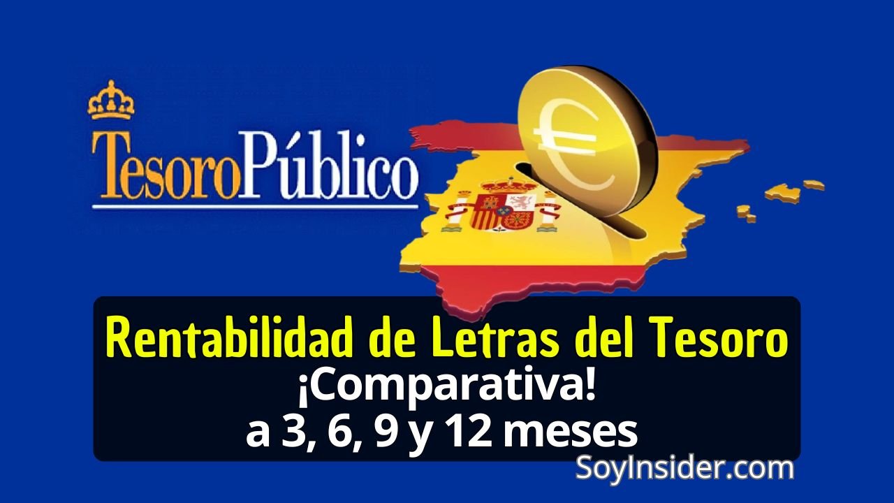 Rentabilidad Letras del Tesoro a 6 meses, a 12 meses (Descubre la mejor opción). en la imagen logo del Tesoro público español, al lado el mapa de España con una moneda con símbolo del Euro. al pie de la imagen la frase: rentabilidad letras del tesoro, ¡comparativa! a 3, 6, 9 y 12 meses