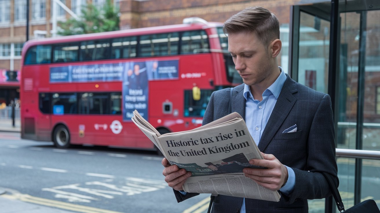 Subida de impuestos histórica en Reino Unido. Un joven lee el titular de la noticia en una calle de Londres