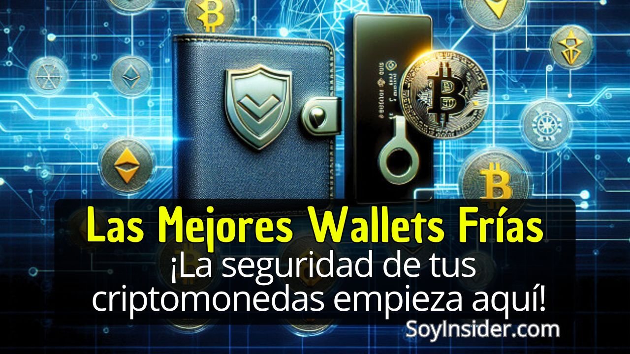 Top 3 Mejores wallets frías (comparativa). en la imagen figuras digitales de billeteras wallets frías, con una frase que dice: las mejores Wallets Frías, ¡La seguridad de tus criptomonedas empieza aquí!