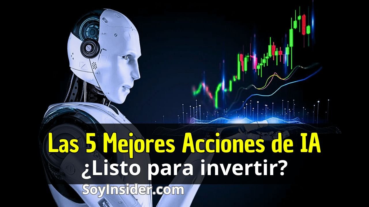 Top 5 Mejores Acciones Inteligencia Artificial 2024 Grandes Oportunidades de Inversión. en la imagen un robot humanoide mostrando holograma de grafico de acciones de IA. Y el logo de Soyinsider.com
