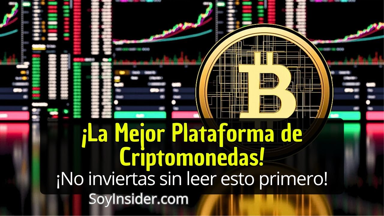 Top 5 Mejores Plataformas para Invertir en Criptomonedas Las más seguras y confiables para principiantes y expertos. en la imagen, pantallas de graficos de compra y venta de criptomoneas y en frente una moneda gigante de bitcoin