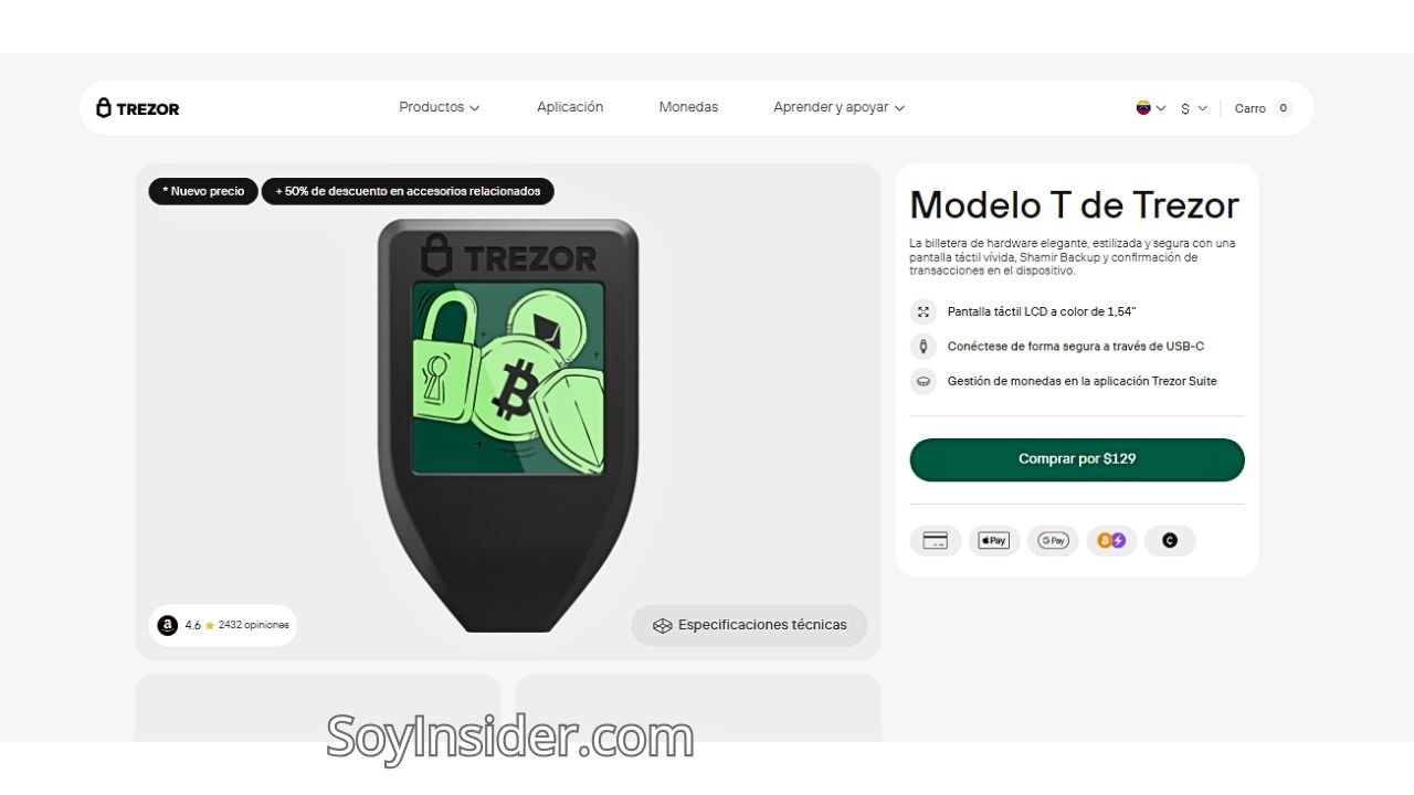 Trezor comparativa de las mejores Wallets Frías. en la imagen captura de pantalla de la plataforma Trezor y el dispositivo Trezor modelo T