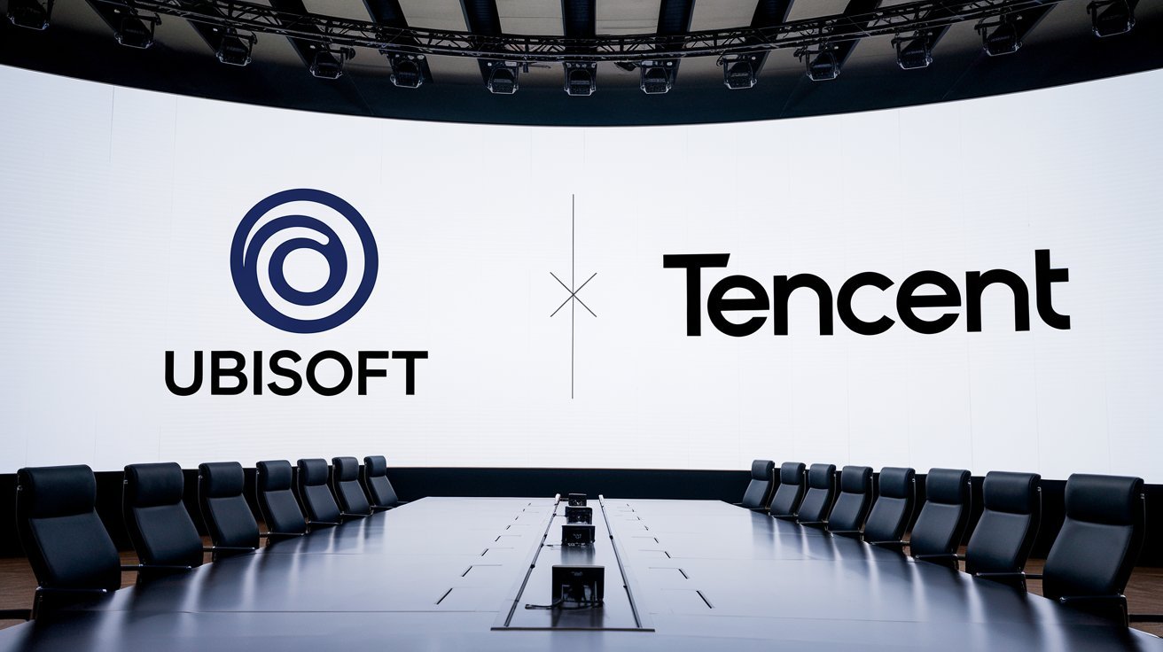 Acciones de Ubisoft aumenta su valoración tras los rumores de compra por parte de Tencet. En la imagen se ve una mesa de reuniones con los logos de las compañías en una pantalla electrónica
