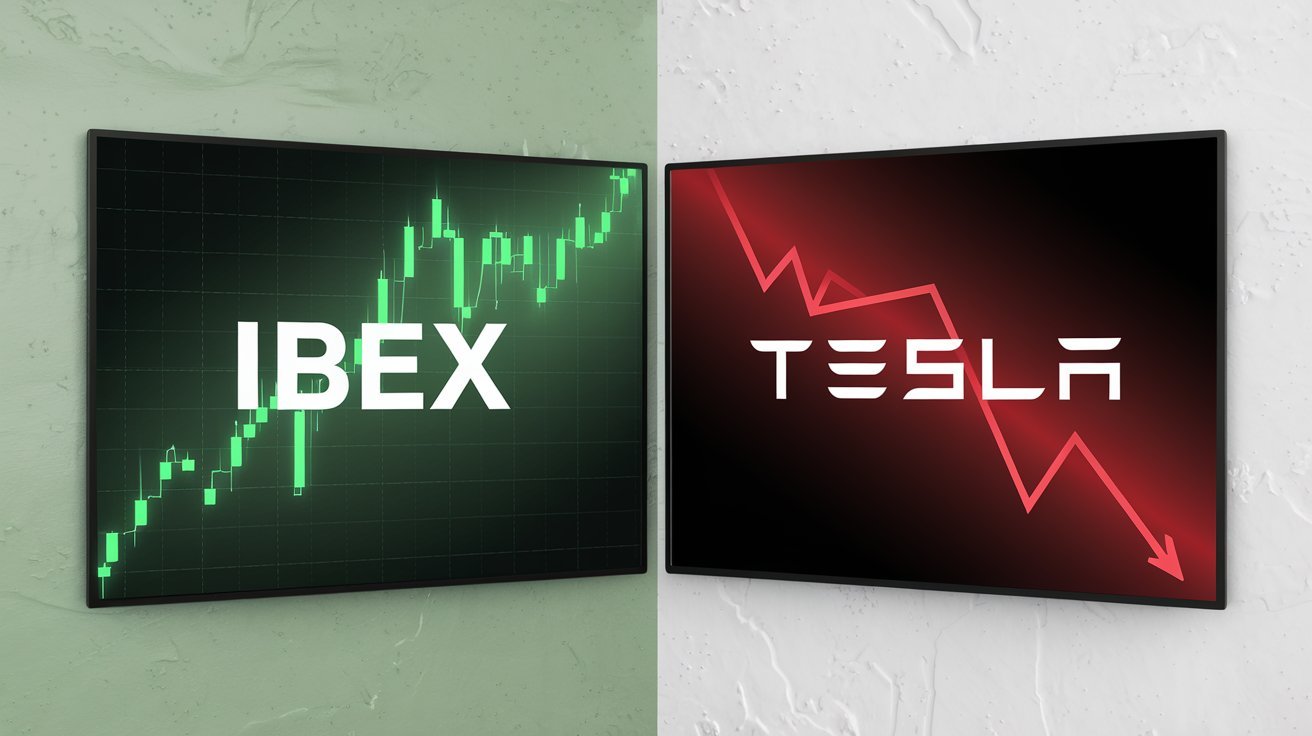Ibex 35 en verde en un gráfico de la bolsa en directo. Las acciones de Tesla caen