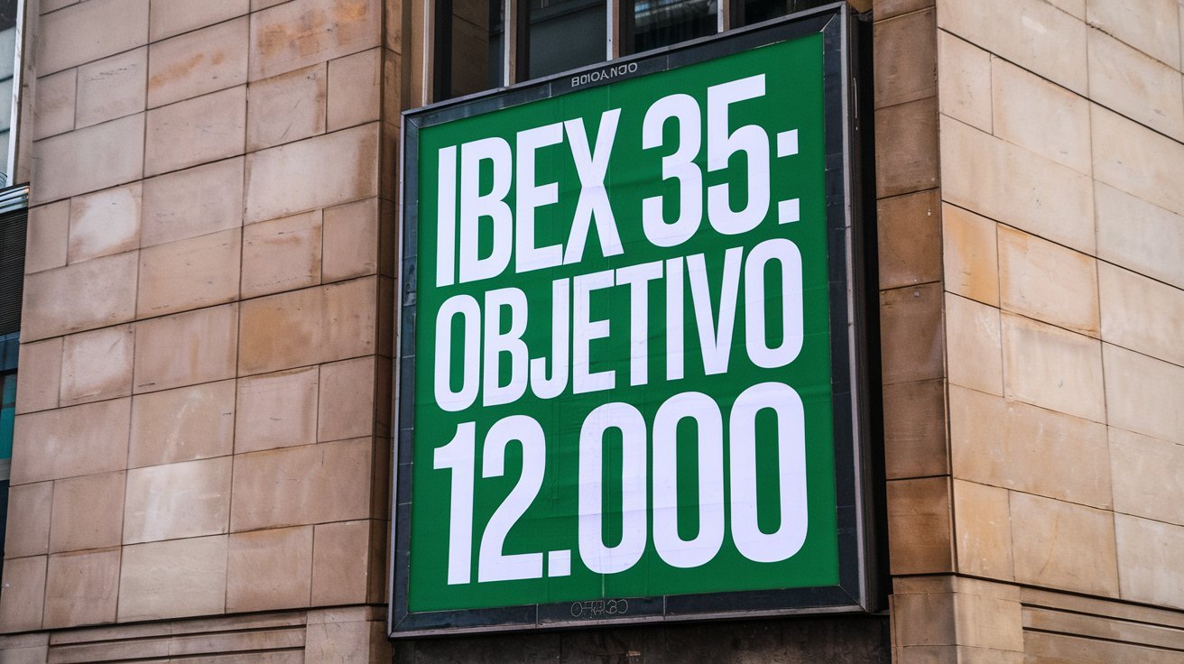 Ibex 35 roza los 12.000 puntos. Un cartel anuncia el objetivo de la bolsa de madrid