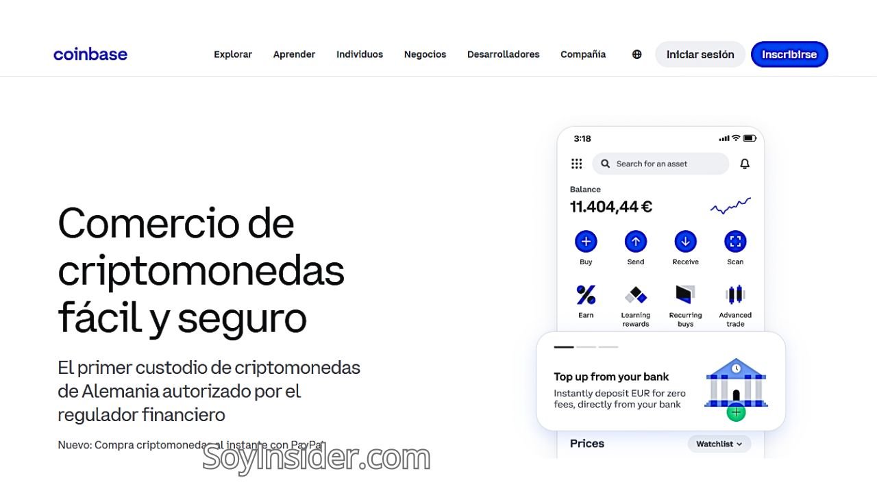 op 5 Mejores Plataformas para Invertir en Criptomonedas Las más seguras y confiables para principiantes y expertos. en la imagen captura de pantalla de la plataforma Coinbase