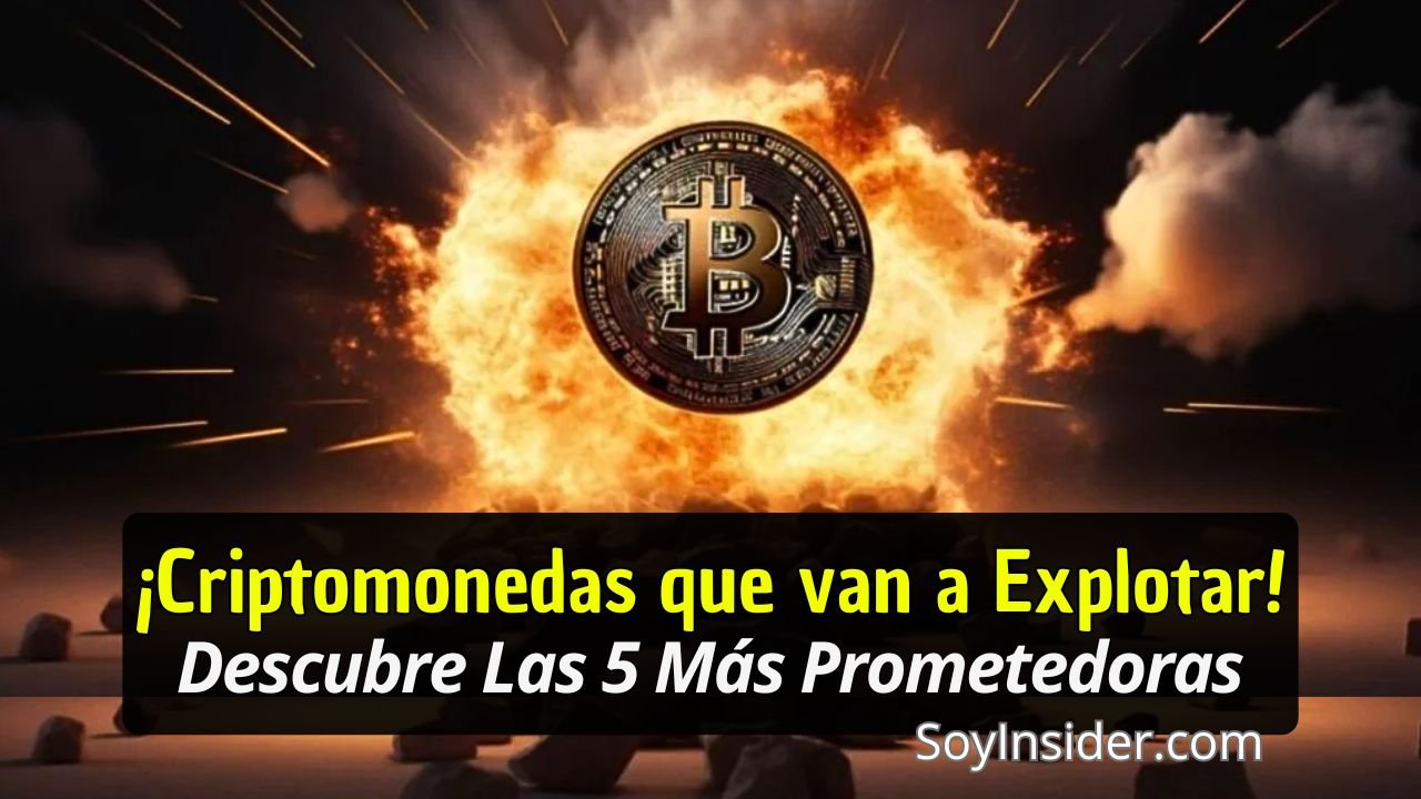 en la imagen una explosión de la criptomoneda Bitcoin, rodeada de fuego, y un texto que dice "Criptomonedas que van a explotar, descubre las 5 más prometedoras". y el logotipo de SoyInsider.com.