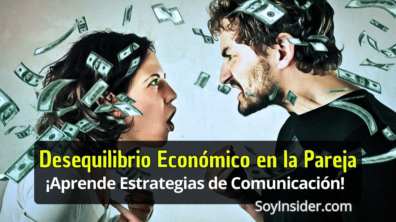 Imagen de una pareja en una discusión con billetes flotando alrededor, ilustrando el tema del desequilibrio económico en la relación. El título resalta: "Desequilibrio Económico en la Pareja, ¡Aprende Estrategias de Comunicación!" invitando a explorar cómo manejar estas situaciones financieras y mejorar la comunicación en pareja.