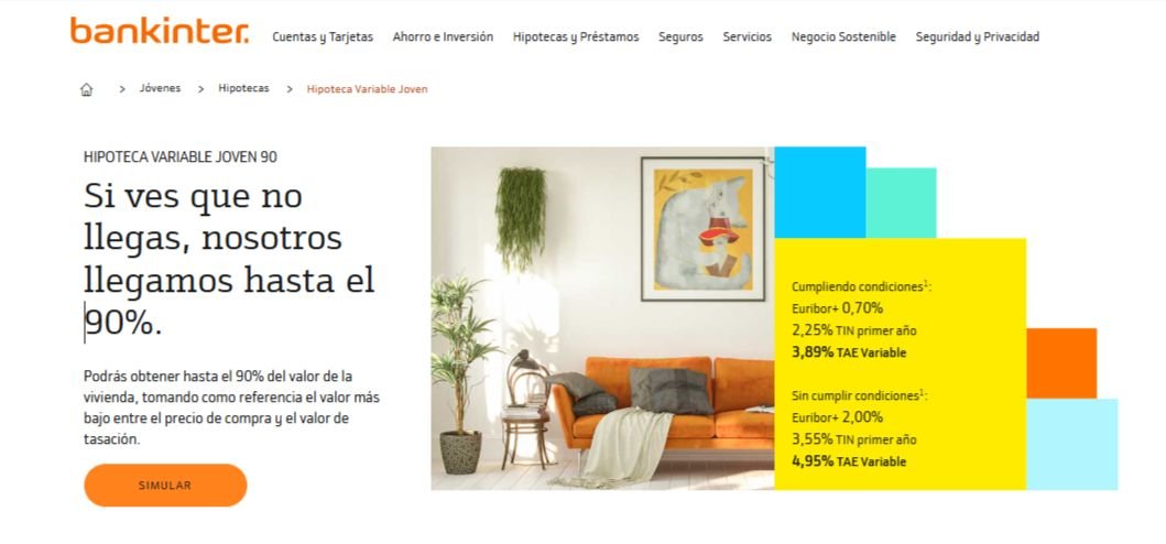 Captura de pantalla de Hipoteca al 90% de Bankinter España.
