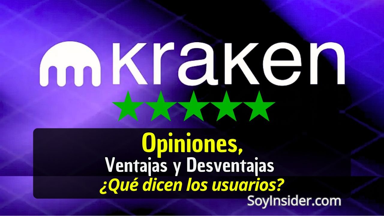 Opiniones sobre Kraken: ¿Qué dicen los usuarios? Descubre las ventajas y desventajas de esta plataforma de trading. Imagen con logo de Kraken y valoración positiva con cinco estrellas.