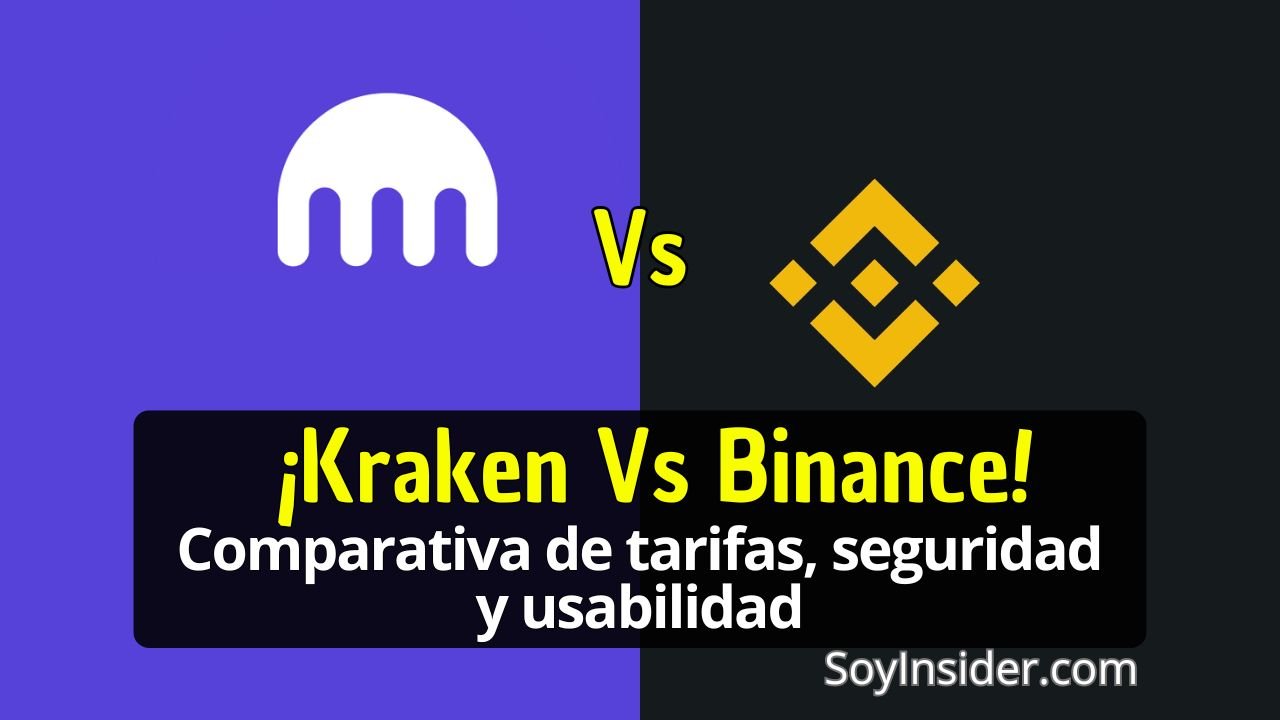 Comparativa visual entre Kraken y Binance con el título: "¡Kraken Vs Binance! Comparativa de tarifas, seguridad y usabilidad", destacando un análisis profundo de estas dos plataformas líderes en criptomonedas.