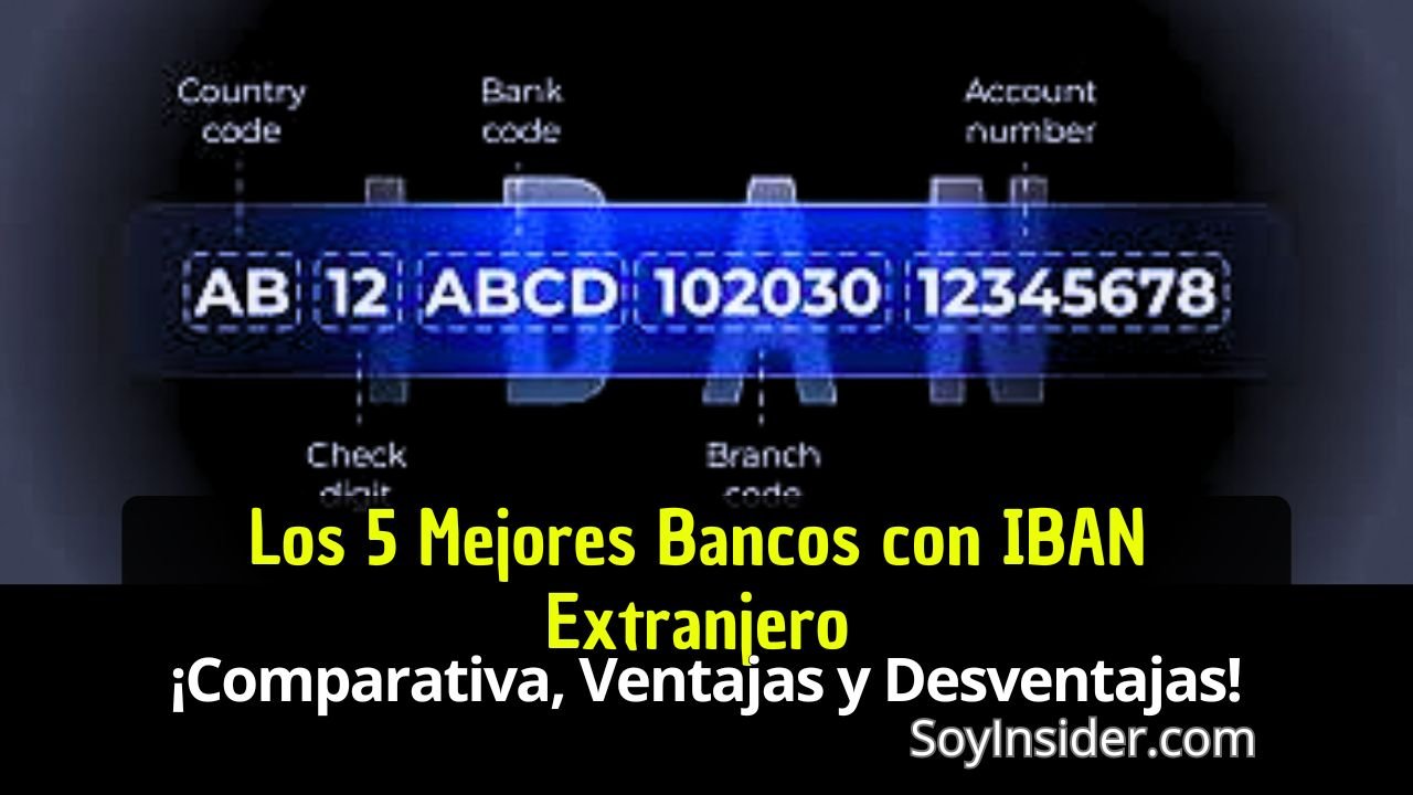 Imagen ilustrativa que muestra un diagrama de un número IBAN, con sus distintas secciones etiquetadas: código de país, código bancario, número de cuenta, etc. En la parte inferior, aparece el título "Los 5 Mejores Bancos con IBAN Extranjero: Comparativa, Ventajas y Desventajas" y el sitio web SoyInsider.com.