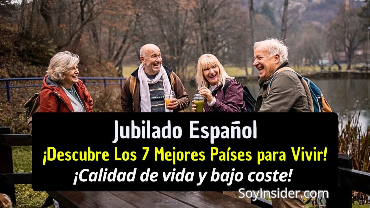 Un grupo de cuatro personas mayores sonrientes conversando al aire libre junto a un lago, con bebidas en las manos. En la imagen aparece el texto: "Jubilado Español. ¡Descubre Los 7 Mejores Países para Vivir! ¡Calidad de vida y bajo coste!" junto al logotipo de SoyInsider.com.