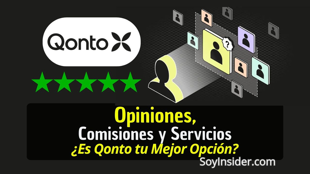 Imagen con el logotipo de Qonto, cinco estrellas verdes y elementos gráficos que representan perfiles de usuarios. Texto alternativo: "Opiniones, comisiones y servicios de Qonto: ¿Es Qonto tu mejor opción?"